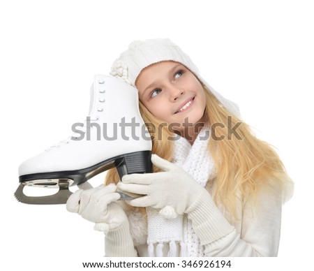 Young teenage girl holding ice skates for winter ice skating sport activity smiling isolated on a white background