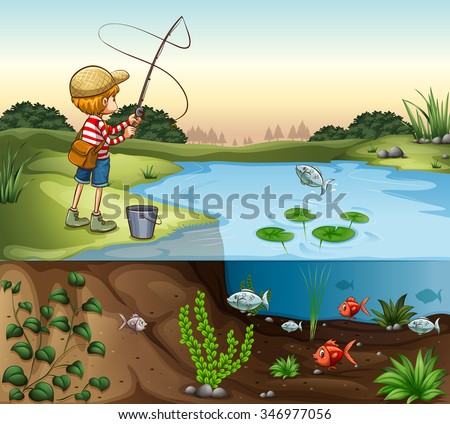 Boy on the river bank fishing alone illustration