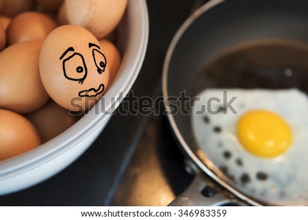 Eggs in a bowl are scared of dead friend.