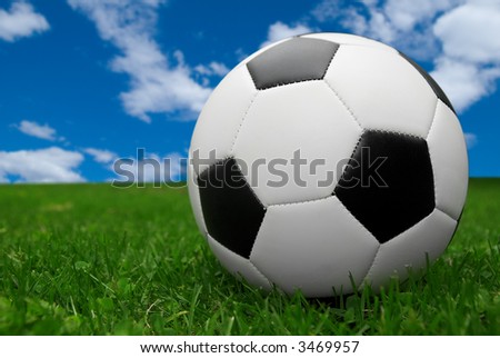 soccer ball isolated on a field of grass with a sky background