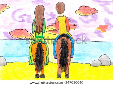 Girl and boy loving couple riding horseback together on sunset. Kid's multicolored horizontal pencil drawing.