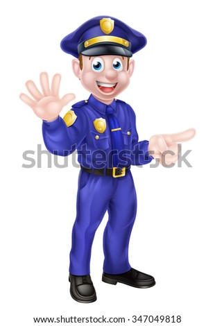 Cartoon policeman character waving and pointing or doing a stop gesture to draw attention to something he is pointing at
