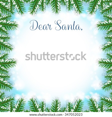 Christmas Fir Tree Frame with snow, New Year card template. Vector illustration.