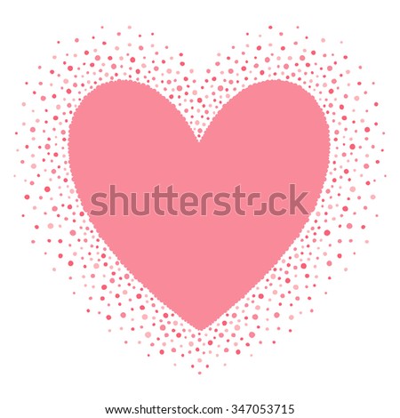 Big heart shape frame with empty space for your greetings. Valentines day frame made of hand drawn spots or dots of various size. Shades of pink abstract background.