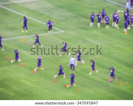 soccer player warm up in the green grass  before the game start in big soccer stadium.-blurred picture.