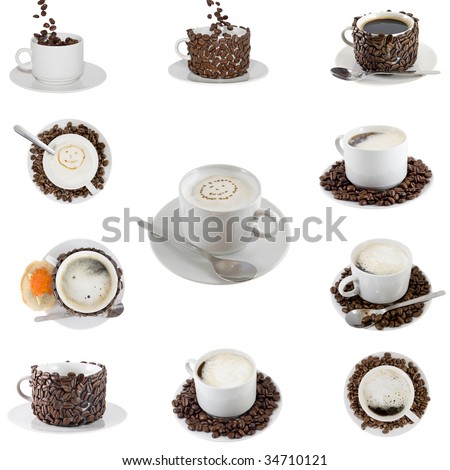 Collage (collection) of various  coffe? cups with coffee. Isolated