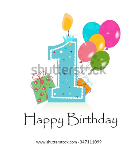 Happy first birthday card vector with box and balloons