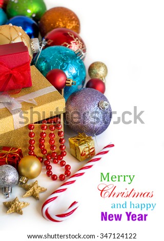 Colorful Christmas decorations - baubles, garland and gift box