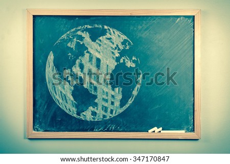 Chalkboard sketch drawing map of the world for education concept