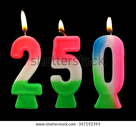 Birthday candles isolated on black background, number 250