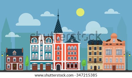 City town. Luxury old fashioned houses and other buildings cityscape.