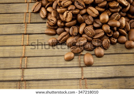 Coffee beans on vintage wooden board. Top image