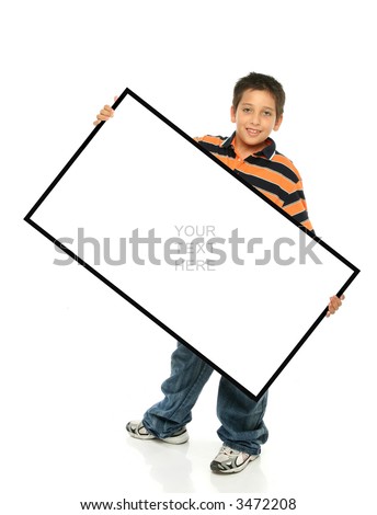 Child holding an empty sign over a white background