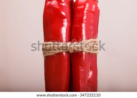 Bunch of two glossy red burning peppers cayenne vegetable tied by brown cord organic ingredient for piquant flavour in mexican food indoor on light background closeup, horizontal picture