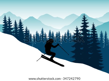 Image silhouette of a man on skis with ski poles in his hands against a backdrop of mountains and forests. Descent on the ski slopes. Abstract vector.