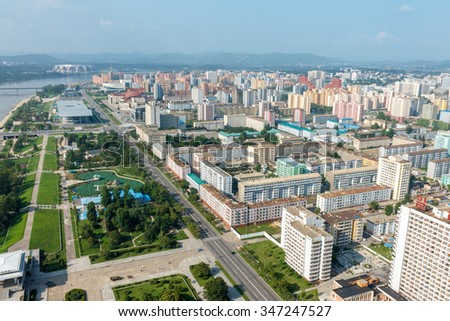  Aerial view of the city in Pyongyang, North Korea. Pyongyang is the capital city of the DPRK. Royalty-Free Stock Photo #347247527