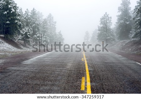 A dusting of the first snow of winter with fog creates a beautiful scene with dangerous driving conditions on a single lane road lined with fir trees. Royalty-Free Stock Photo #347259317