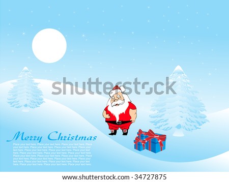 blue christmas day background with tree, moon, gift and santa