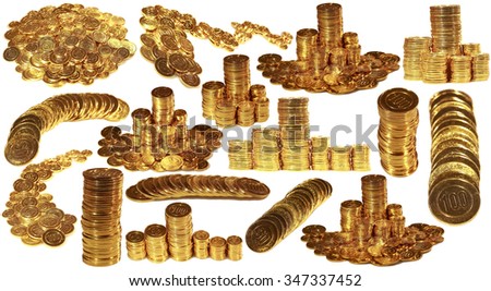 Big set of photos with coins of Collect. Gold coins on a white background