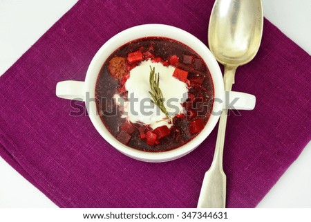 Healthy and Diet Food: Soup with Beetroot and Dumplings. Studio Photo