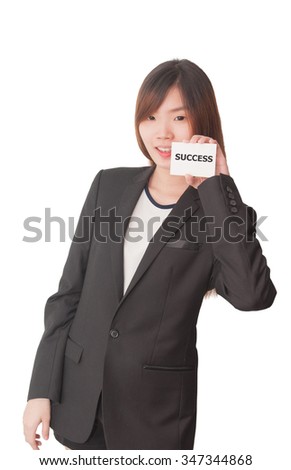 Businessgirl holding contact card with SUCCESS message