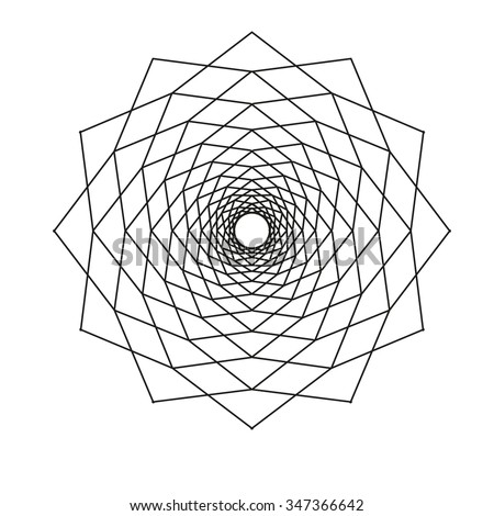 Geometric circular pattern of fine black lines on a white background.