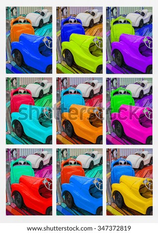 Nine different colored toys cars at fair ground