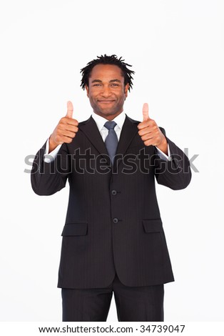 Handsome afro-american businessman with thumbs up