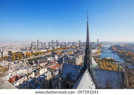 panoramic view of Paris from Notre Dame cathedral, gothic architecture, beautiful european city, France