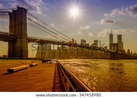 Scenic view of the Brooklyn Bridge in backlight, New York, USA