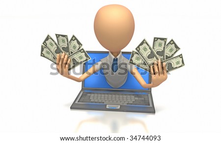Man holding money coming out from computer screen on white background. Clipping path included.
