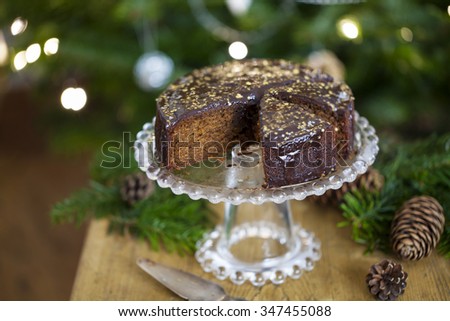Ginger cake with chocolate sauce and edible stars