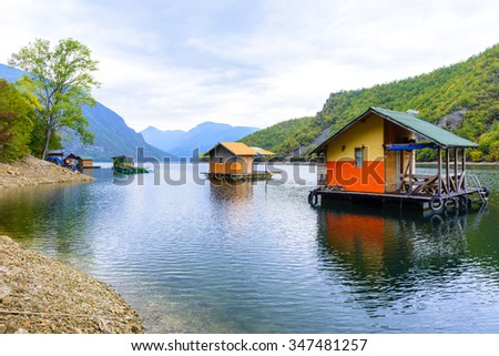 Houseboats of Perucac lake, Tara National Park (Serbia) Royalty-Free Stock Photo #347481257