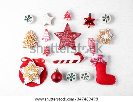 Christmas decoration collection on wooden table top view Royalty-Free Stock Photo #347489498