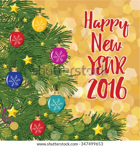 New year yellow vector background with christmas tree and bokeh