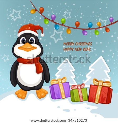 Cute penguin with Christmas gifts. Merry Christmas and Happy New Year design