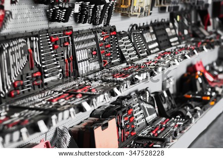 Showcase of tool store. Toolboxes and toolkit in the shop Royalty-Free Stock Photo #347528228