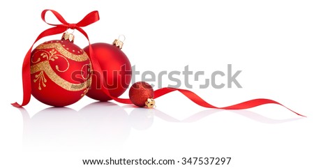 Red christmas decoration baubles with ribbon bow isolated on white background Royalty-Free Stock Photo #347537297