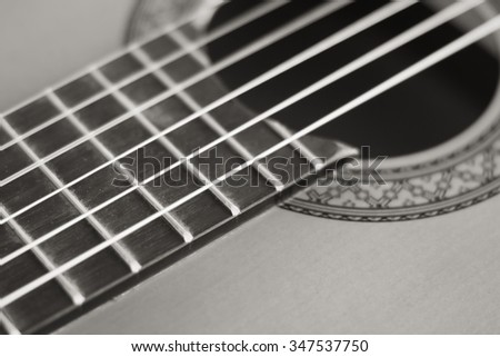 Detail of acoustic guitar. Close up picture. Selective focus.
