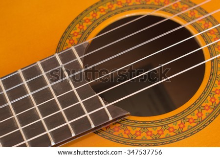 Detail of acoustic guitar. Close up picture. Selective focus.
