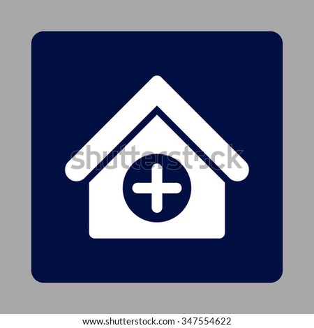 Hospital vector icon. Style is flat rounded square button, white and dark blue colors, silver background.