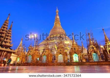 The Shwedagon Pagoda also known as the Great Dagon Pagoda and the Golden Pagoda, is a gilded stupa located in Yangon, Myanmar in twilight time