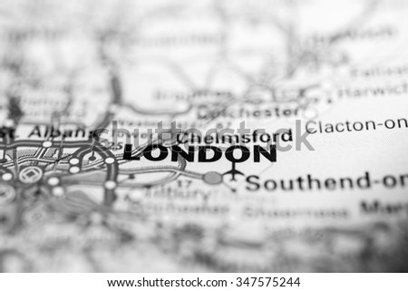 Macro view of London, United Kingdom on map.