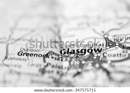 Macro view of Glasgow, United Kingdom on map.