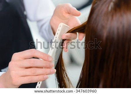 Hair combing. Young appealing client is smiling while her hair is being combed by a professional. 