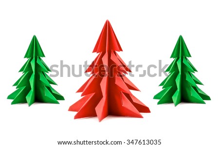 Origami Christmas tree with red and green paper isolated on white background for decoration, front view.