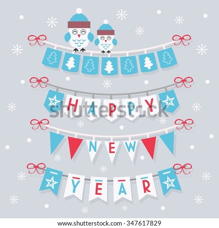 Happy New Year buntings and decoration with two cute owls sitting on the banner on snowing background