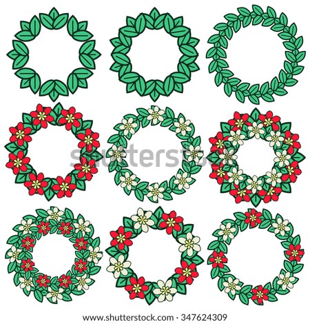 Decorative wreaths with flowers and foliage