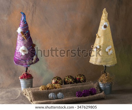 Christmas toys on textile background