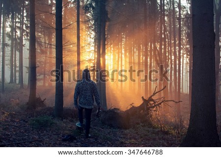 Young photographer standing in a forest in the mist at sunrise